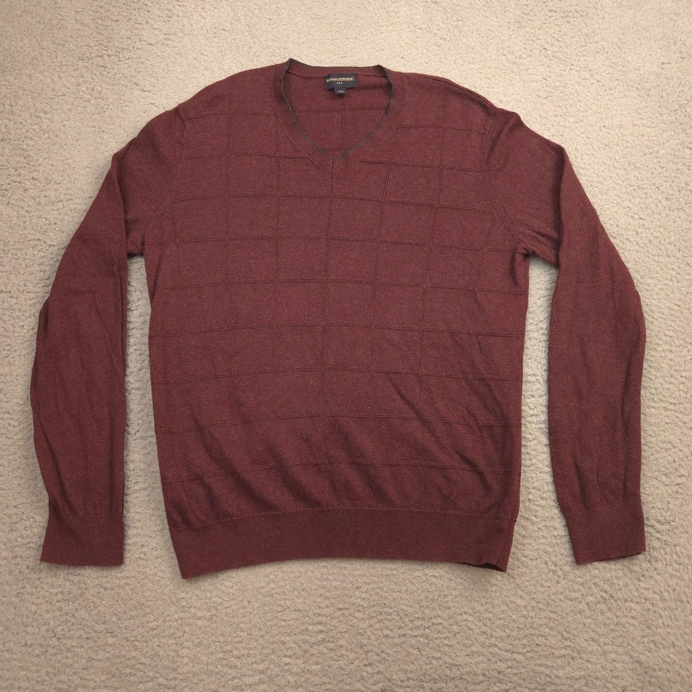 Banana Republic Mens V Neck Sweater Cotton Silk Wool Blend M Maroon Windowpane